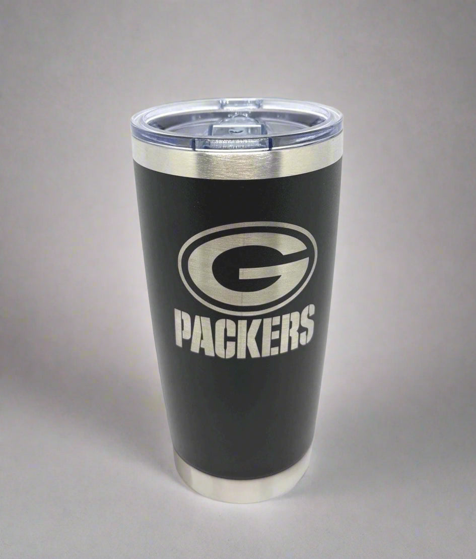 Laser Engraved Packers Tumbler: Stainless Steel Travel Mug, Football Fan Gift