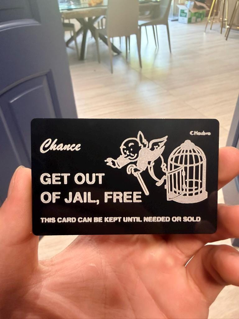 Get Out of Jail Free Card Metal Wallet Card | Funny Gift | Laser Engraved Black Steel Card | Novelty Wallet Insert