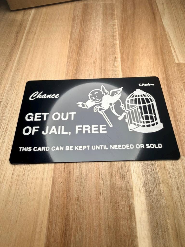 Get Out of Jail Free Card Metal Wallet Card | Funny Gift | Laser Engraved Black Steel Card | Novelty Wallet Insert