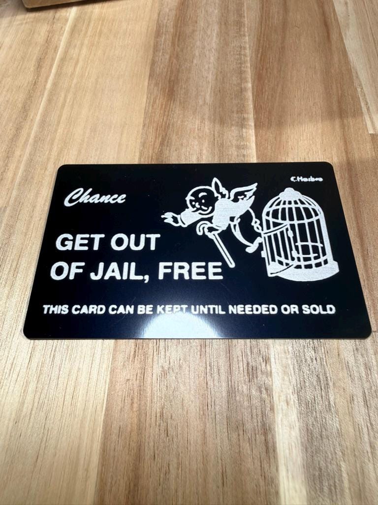 Get Out of Jail Free Card Metal Wallet Card | Funny Gift | Laser Engraved Black Steel Card | Novelty Wallet Insert