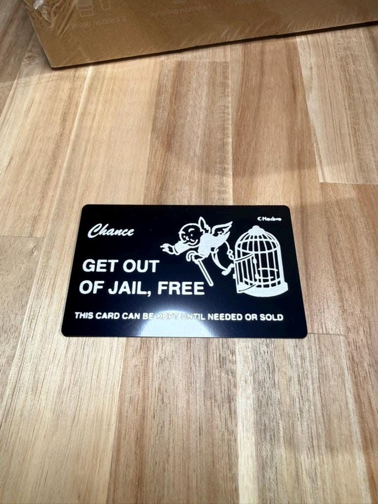 Get Out of Jail Free Card Metal Wallet Card | Funny Gift | Laser Engraved Black Steel Card | Novelty Wallet Insert